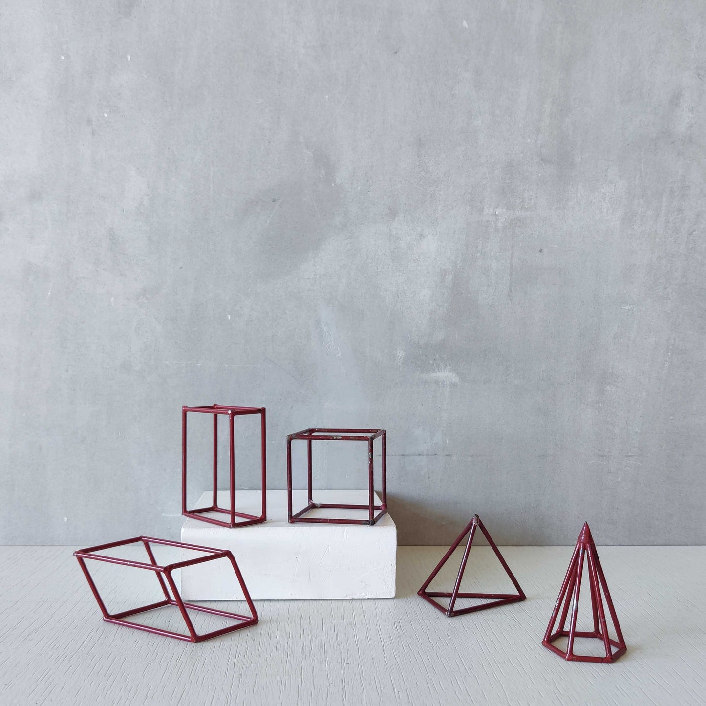 Set of 5 geometric steel wire red 1950s modernist teaching models