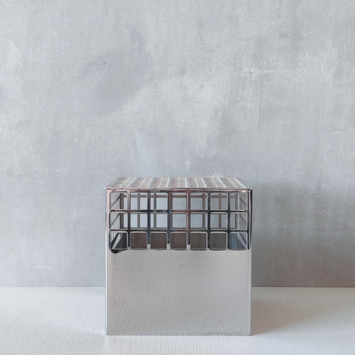Georg Jensen Matrix stainless steel gridded cube vase designed by Monica Förster
