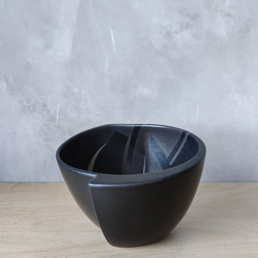 Elaine Dick signed 1980s Scottish studio pottery black geometric organic bowl