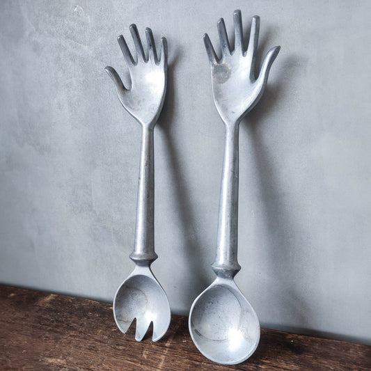 Vintage 80's aluminium serving hand spoons salad pasta server 2 piece playful