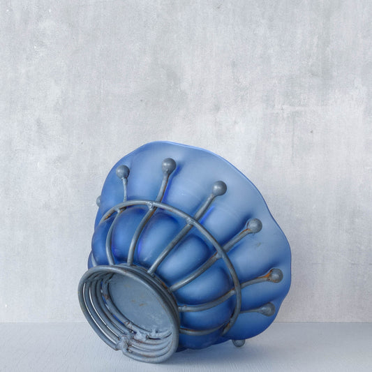 Vintage welded steel and blue moulded glass sculptural footed centrepiece bowl