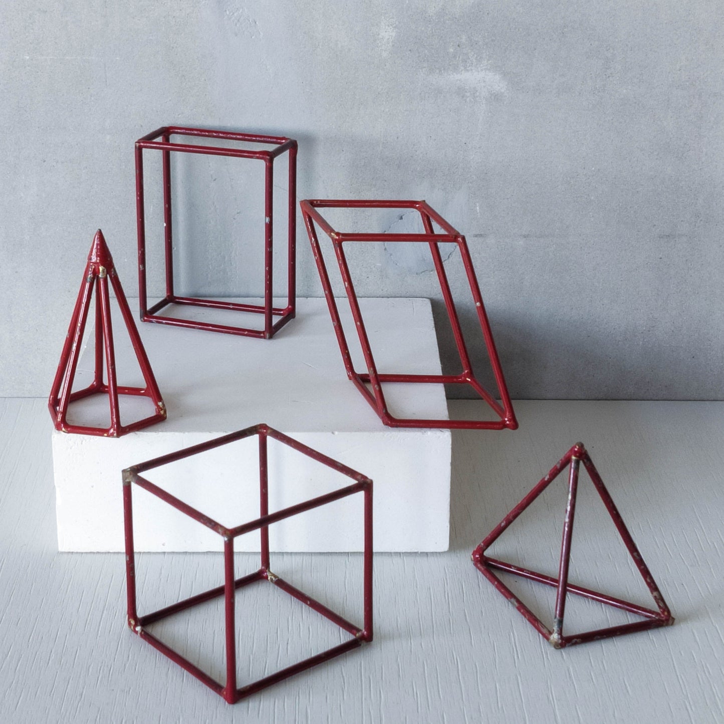 Set of 5 geometric steel wire red 1950s modernist teaching models