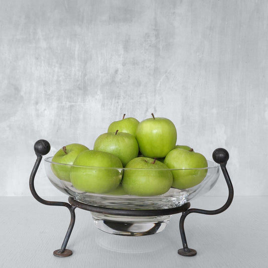 Vintage glass centrepiece bowl with sculptural wrought iron armature