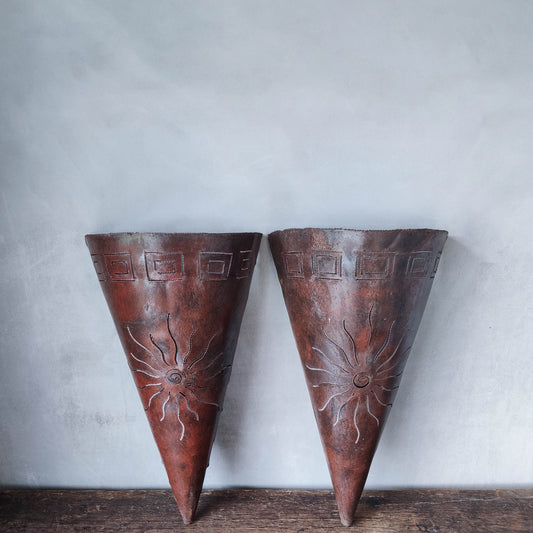 Pair vtg torch cut metal wall sconce shade handmade cone candle holder patinated