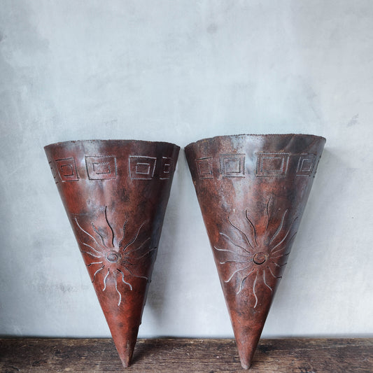 Pair vtg torch cut metal wall sconce shade handmade cone candle holder patinated